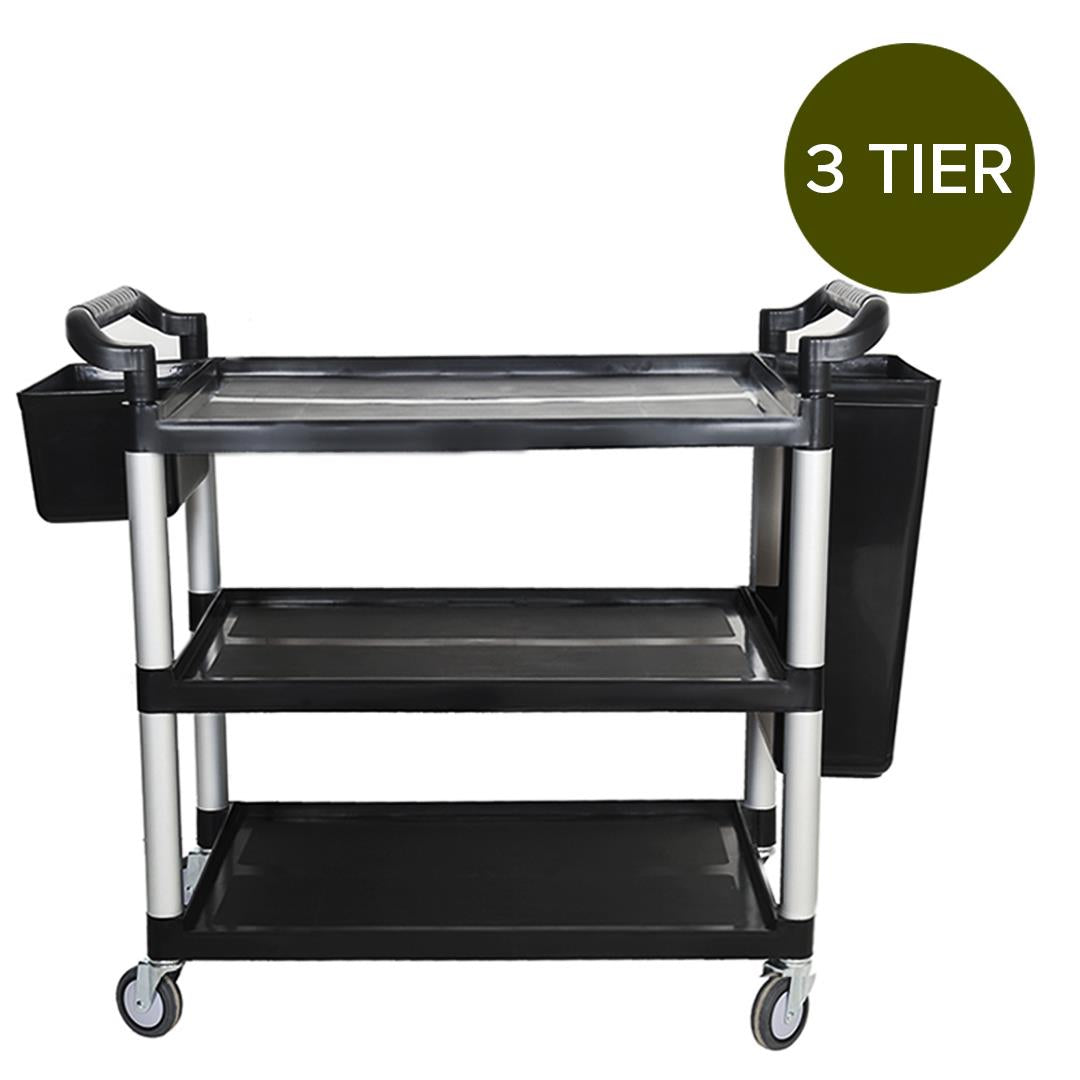 SOGA 3 Tier Food Trolley Food Waste Cart With Two Bins Storage Kitchen Black 83x43x95cm Small