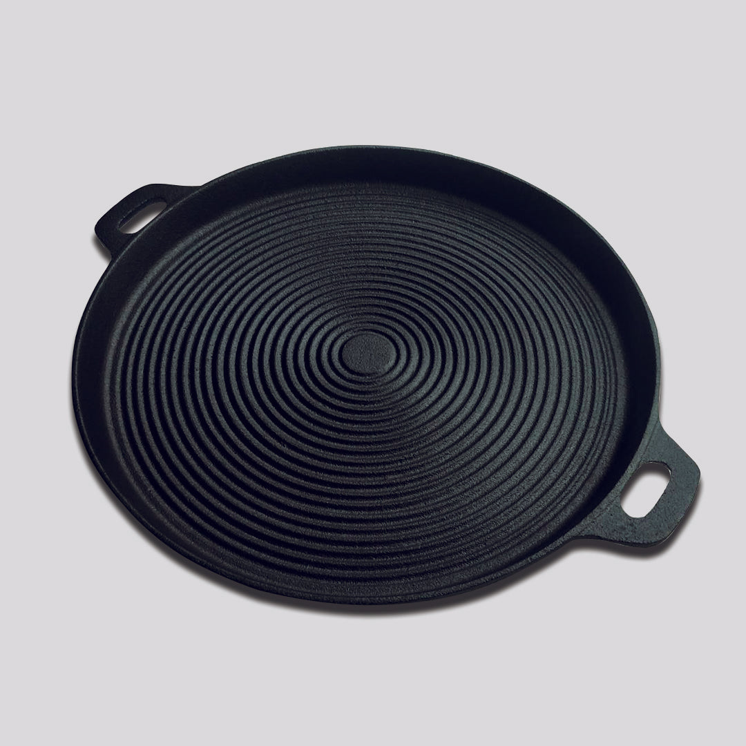 SOGA 35cm Round Ribbed Cast Iron Frying Pan Skillet Steak Sizzle Platter with Handle