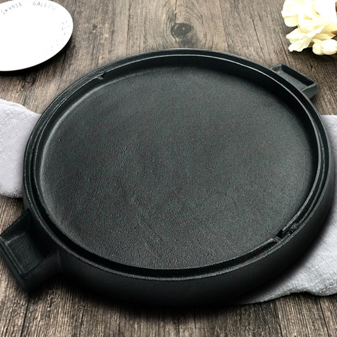 SOGA 2X 43cm Round Ribbed Cast Iron Frying Pan Skillet Steak Sizzle Platter with Handle