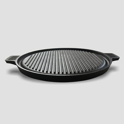 SOGA 2X 43cm Round Ribbed Cast Iron Frying Pan Skillet Steak Sizzle Platter with Handle