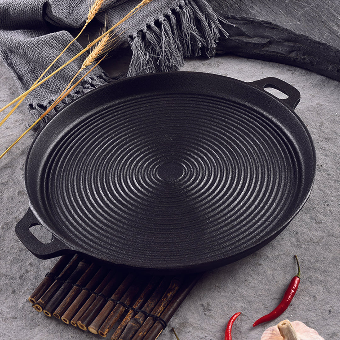 SOGA 2X 35cm Round Ribbed Cast Iron Frying Pan Skillet Steak Sizzle Platter with Handle