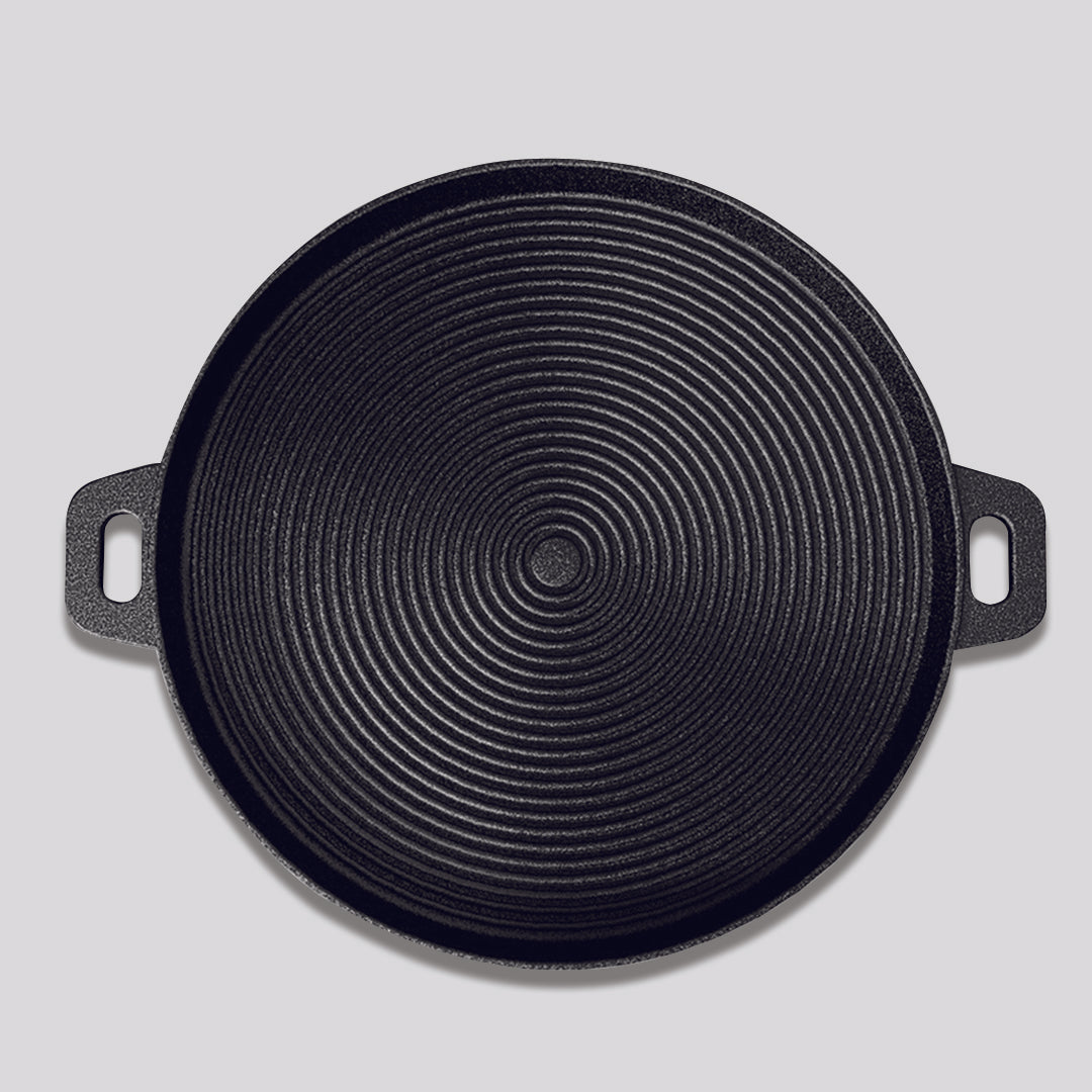 SOGA 2X 35cm Round Ribbed Cast Iron Frying Pan Skillet Steak Sizzle Platter with Handle